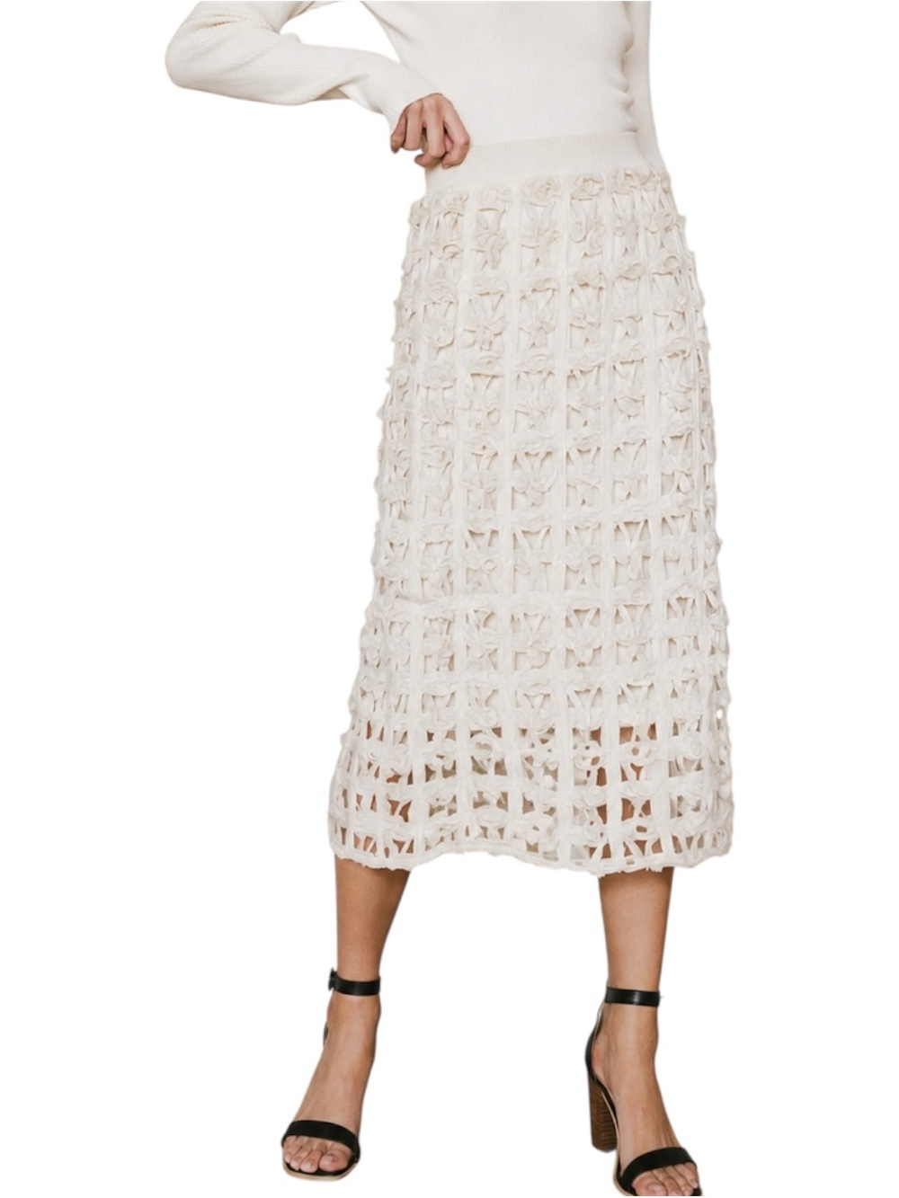 Böhme Open Cage Knit Skirt XS Ivory Cream Crochet Boho Midi Elastic Waist